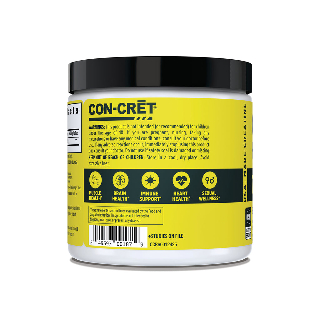 CNC004 | CON-CRET supplement jar showing warnings, health claims, barcode, and NSF Certified for Sport seal - Thumbnail
