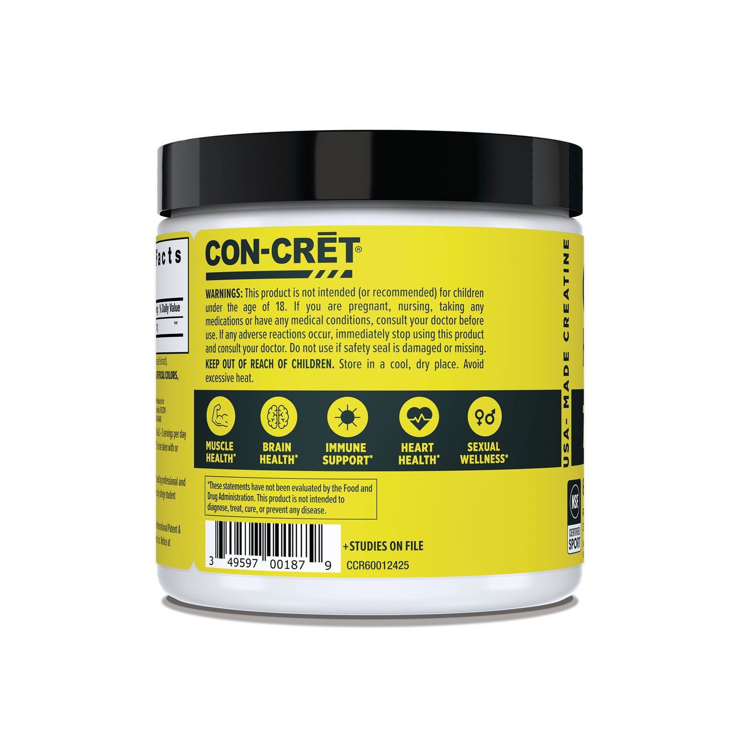 CNC004 | CON-CRET supplement jar showing warnings, health claims, barcode, and NSF Certified for Sport seal