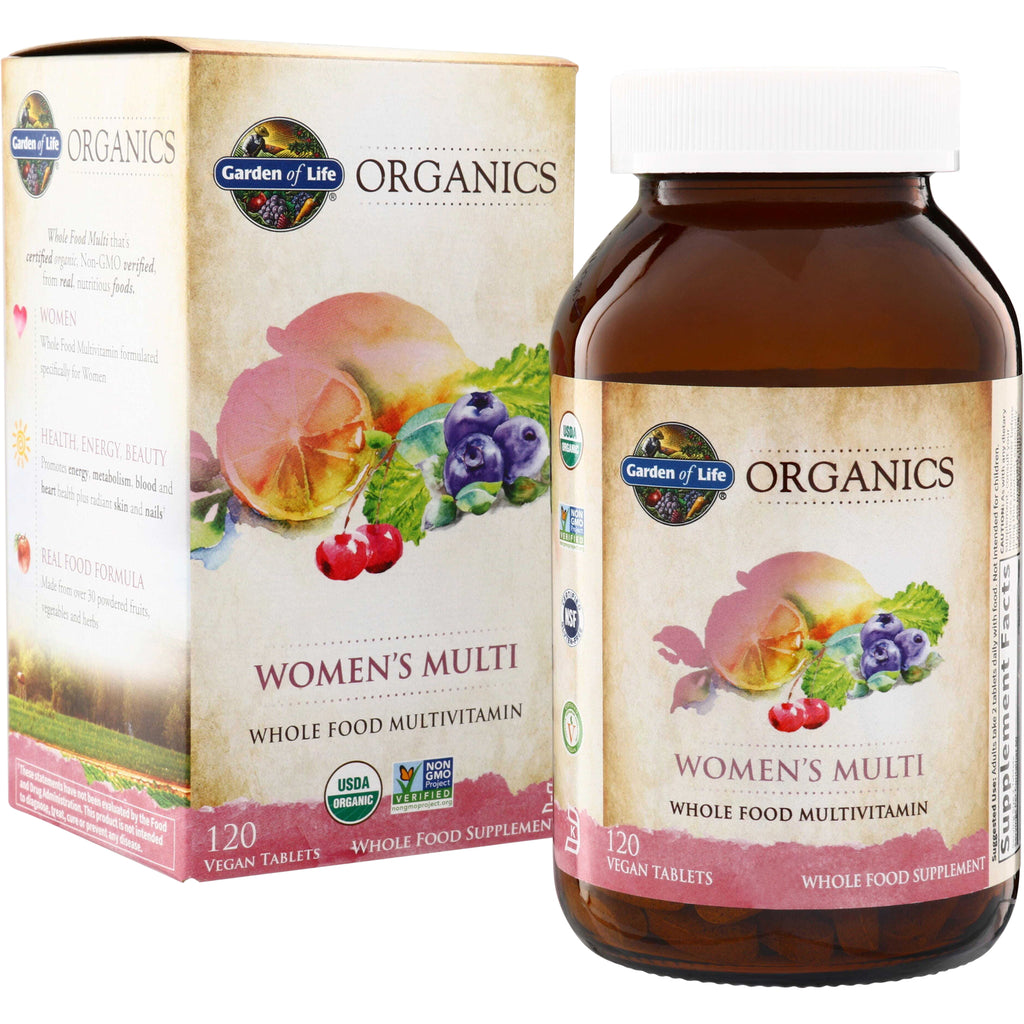 GLF178 | Garden of Life Organics Women's Multi whole food multivitamin, 120 vegan tablets, bottle and box - Thumbnail