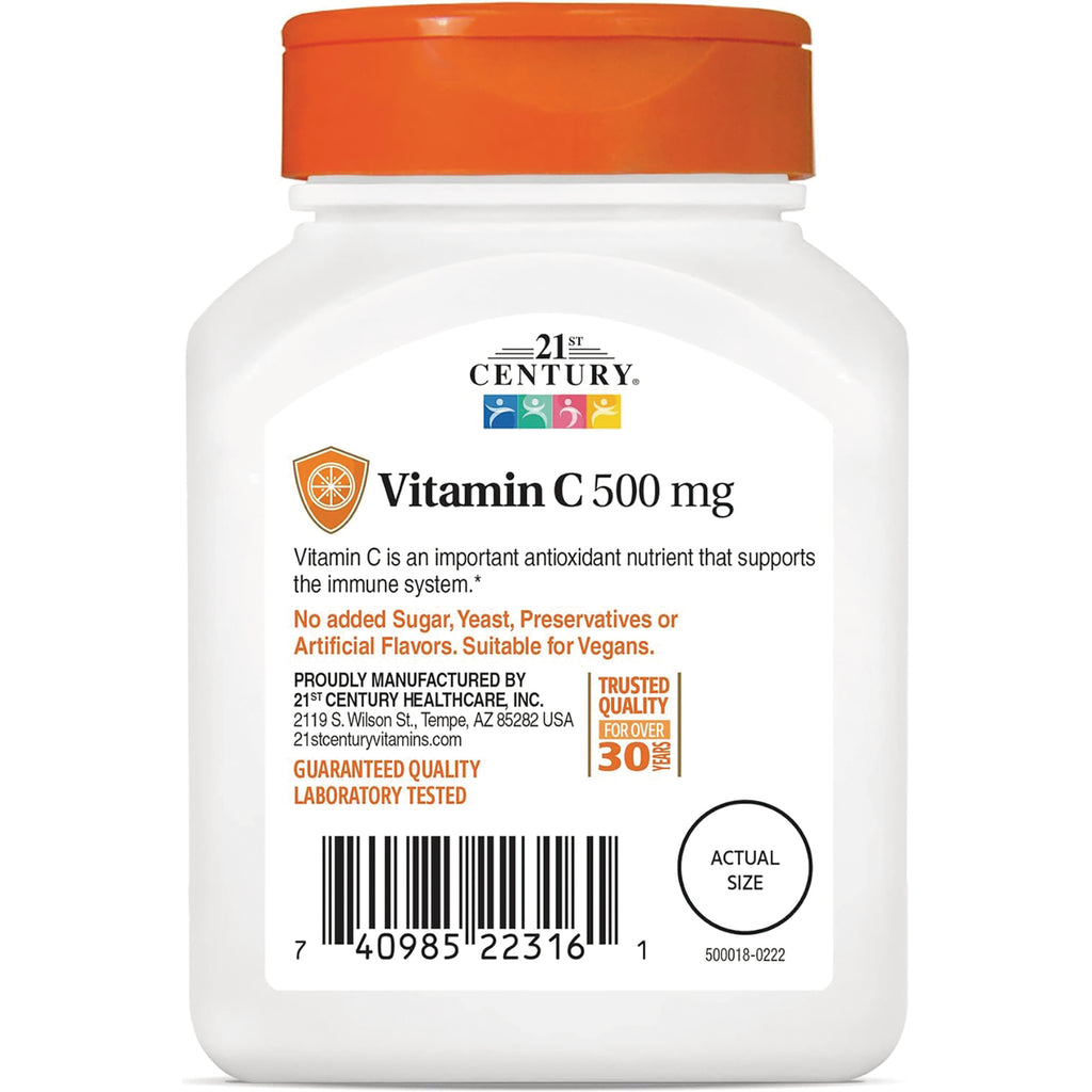 CNT174 | Vitamin C 500 mg bottle label with benefits text, guaranteed quality badge, barcode, and actual size circle - Thumbnail