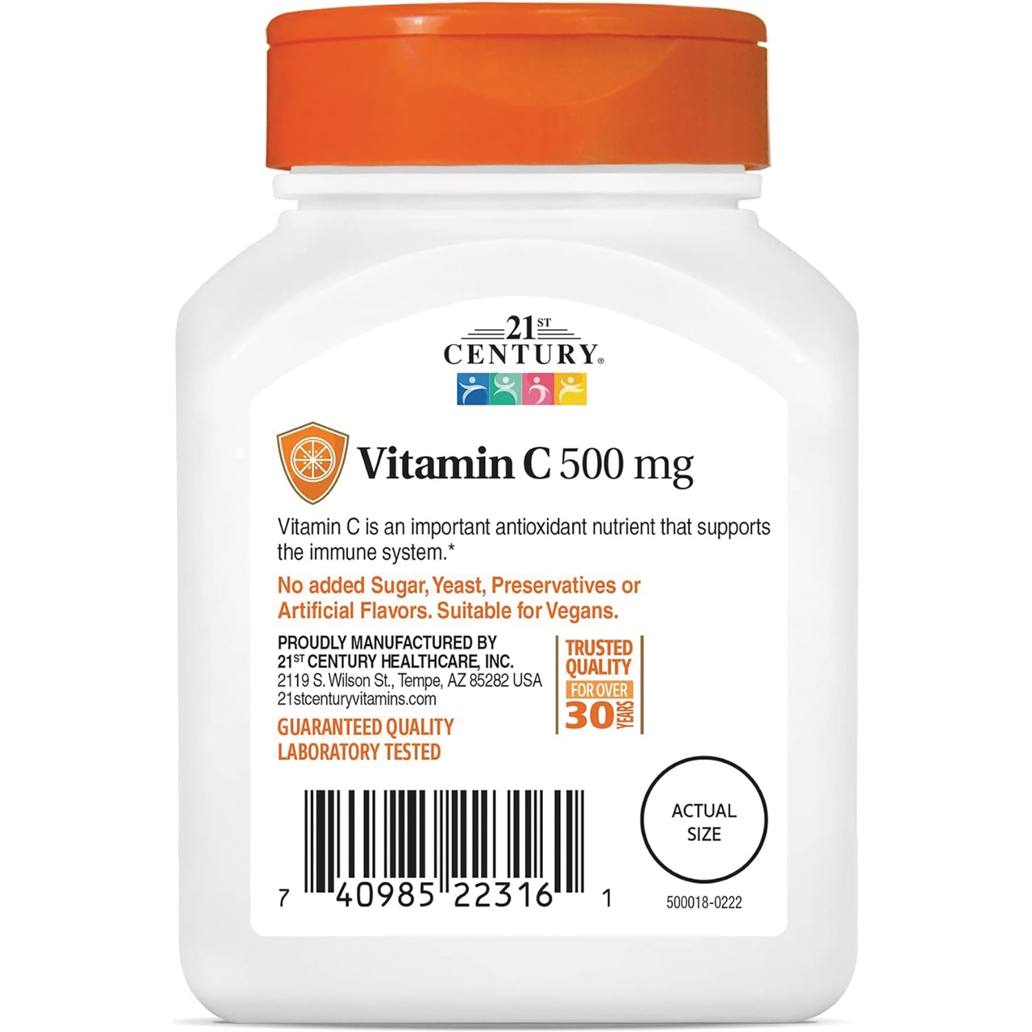 CNT174 | Vitamin C 500 mg bottle label with benefits text, guaranteed quality badge, barcode, and actual size circle