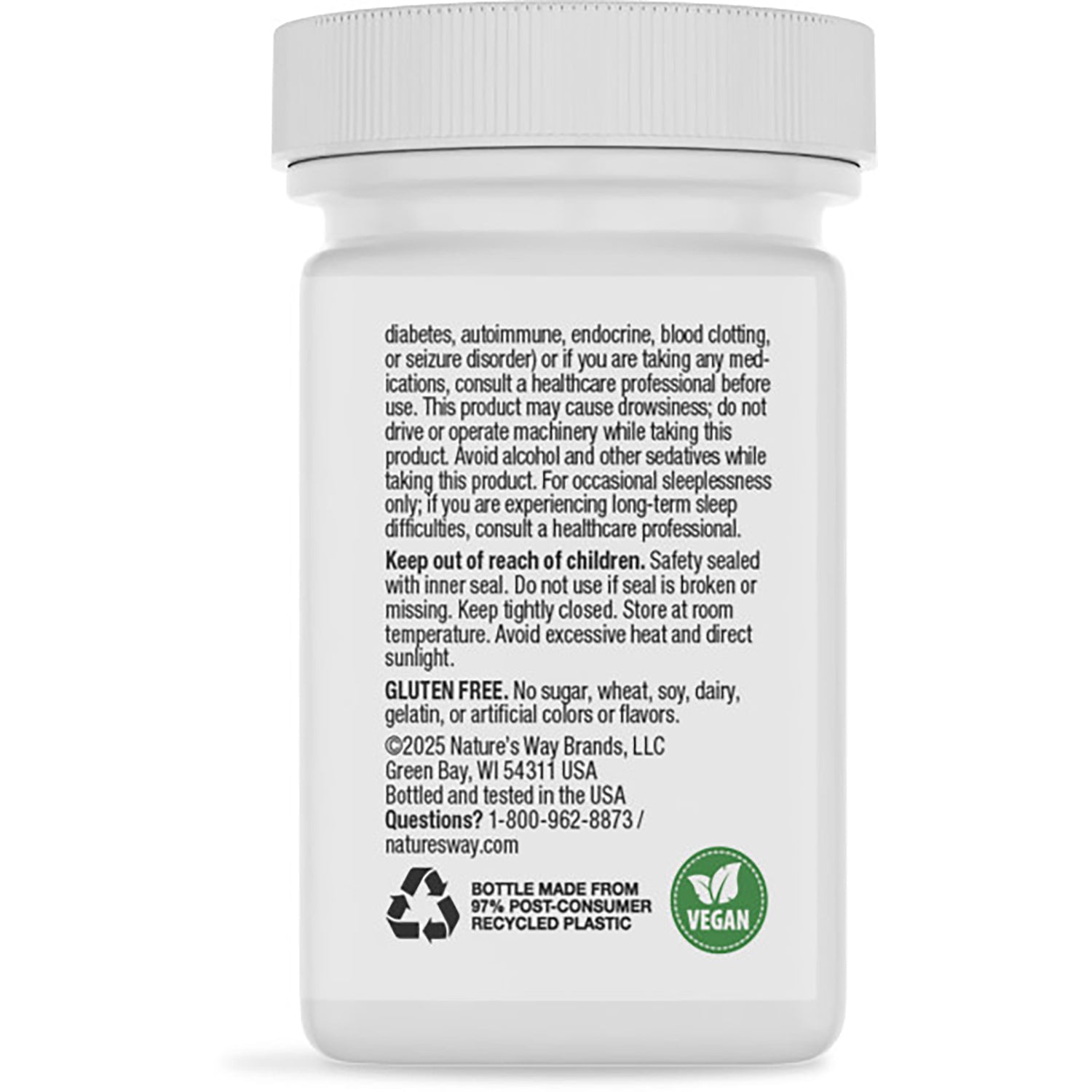 NW784 | Back label of white supplement bottle with warning text, gluten free statement, vegan and recycling icons