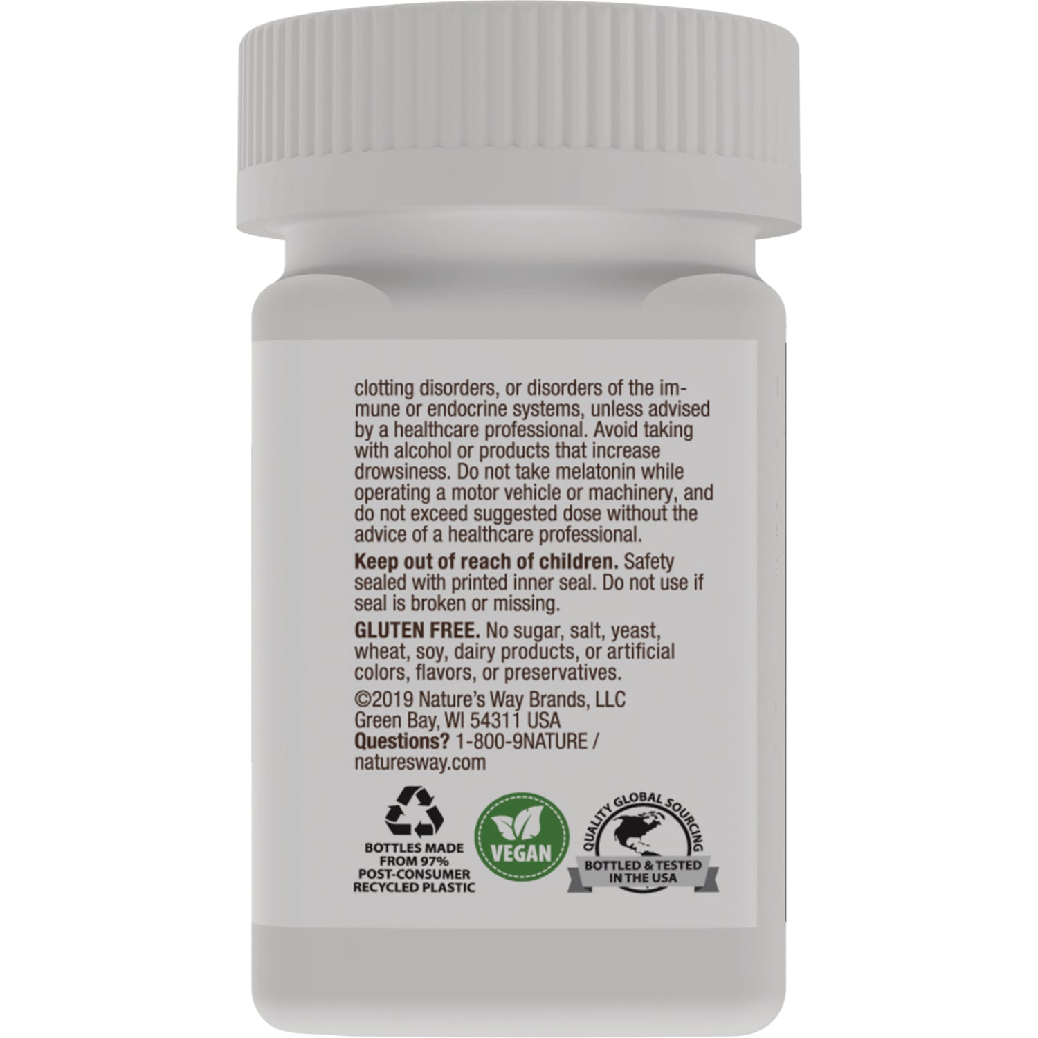 NW784 | Back label of white supplement bottle with warning text, gluten free statement, vegan and recycling icons
