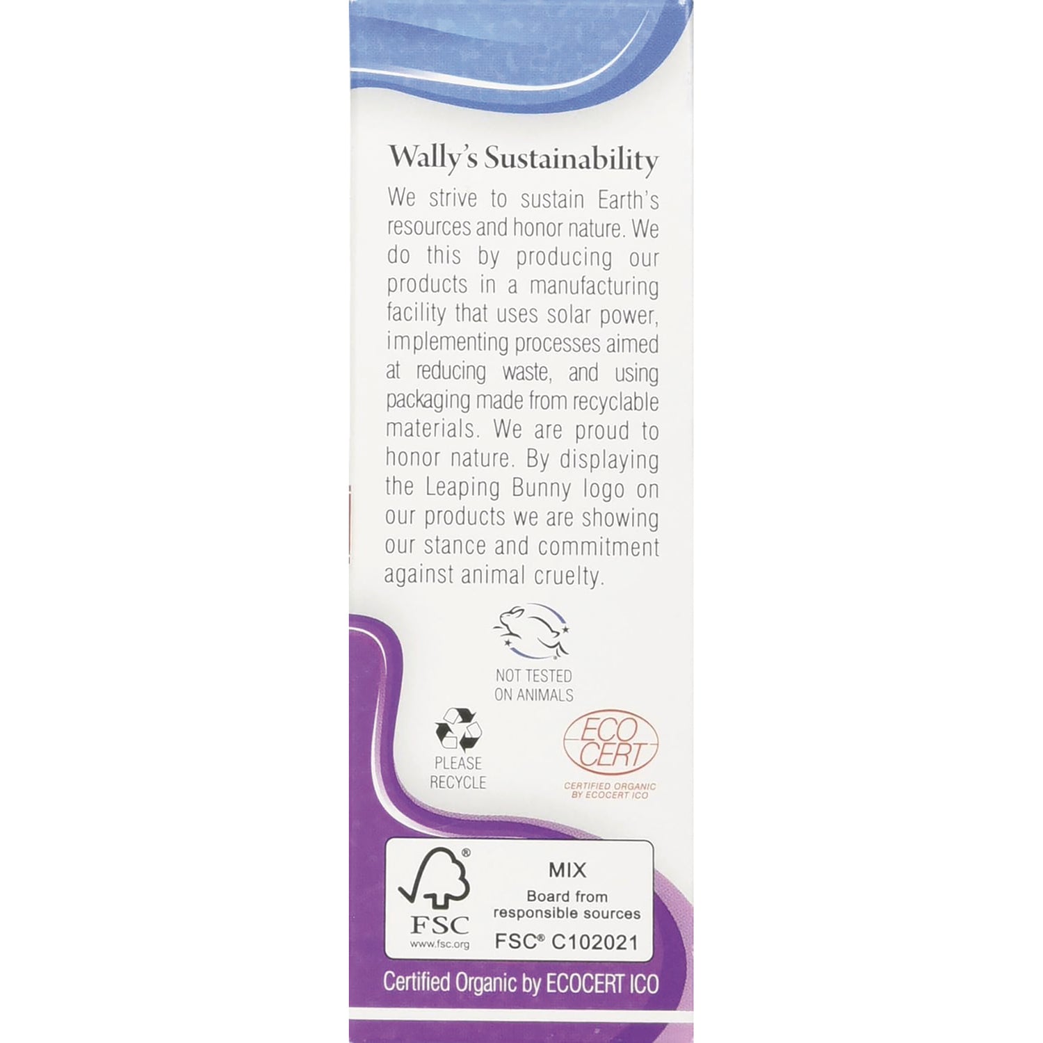 WLY006 | Wallys Sustainability panel with Not Tested on Animals, Please Recycle, ECOCERT, and FSC Mix certifications