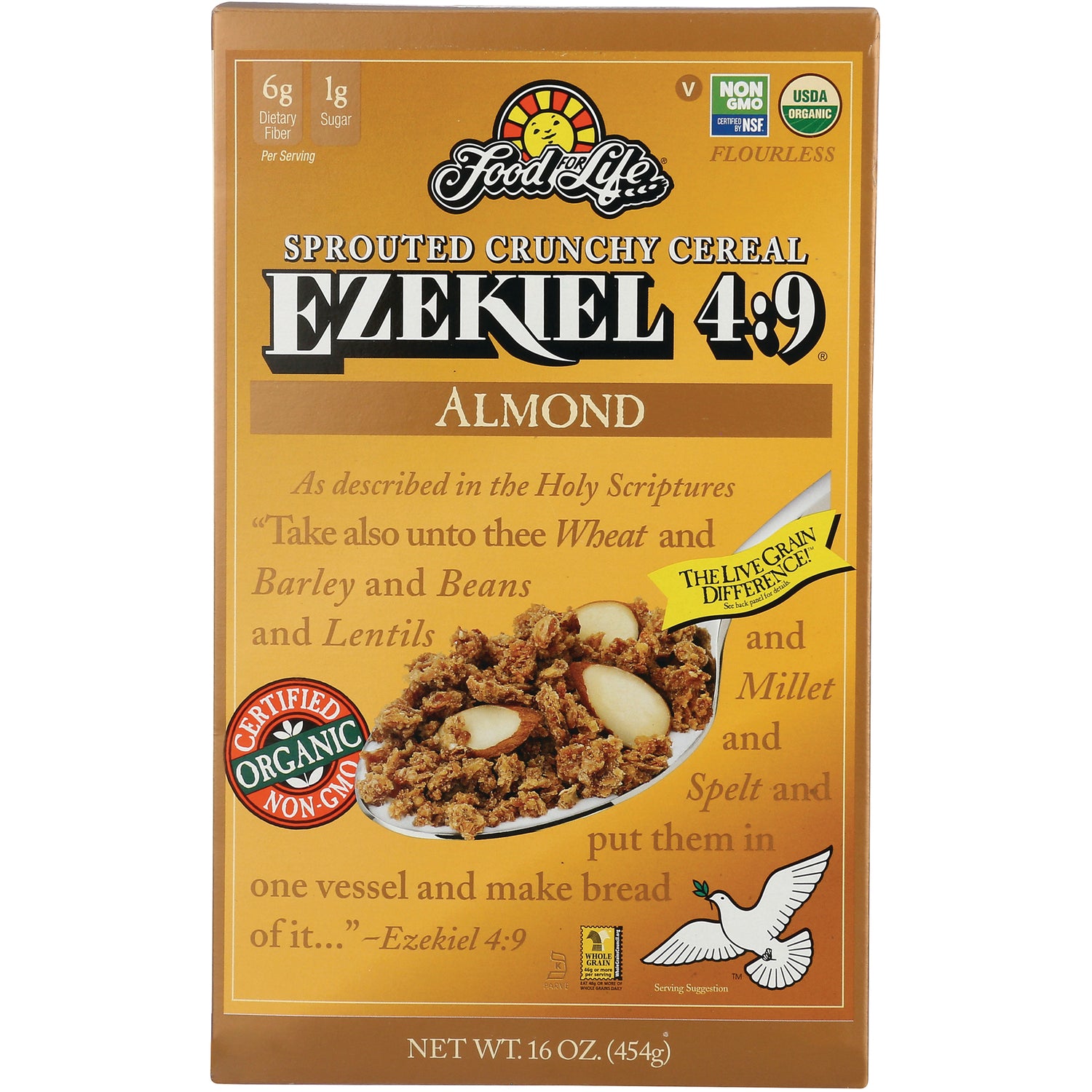 FFL001 | Food for Life EZEKIEL 4:9 Almond sprouted crunchy cereal box showing bowl of cereal and organic badge