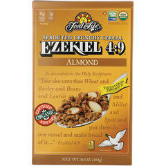 FFL001 | Food for Life EZEKIEL 4:9 Almond sprouted crunchy cereal box showing bowl of cereal and organic badge