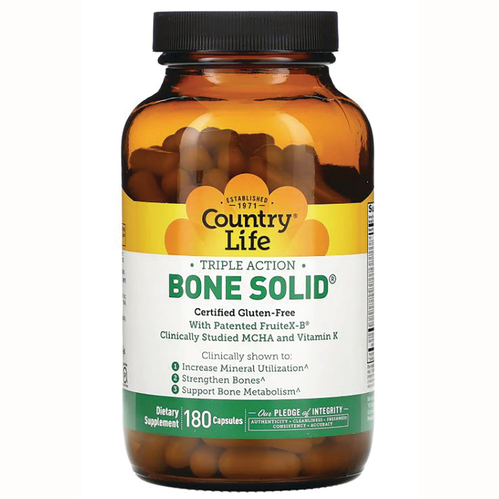 CRL402 | Amber bottle of Country Life BONE SOLID triple action dietary supplement, 180 capsules - Thumbnail