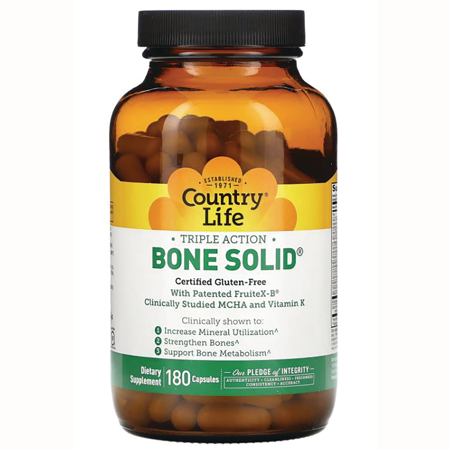 CRL402 | Amber bottle of Country Life BONE SOLID triple action dietary supplement, 180 capsules