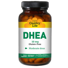CRL411 | Country Life DHEA 10 mg gluten-free supplement bottle, 50 vegetarian capsules