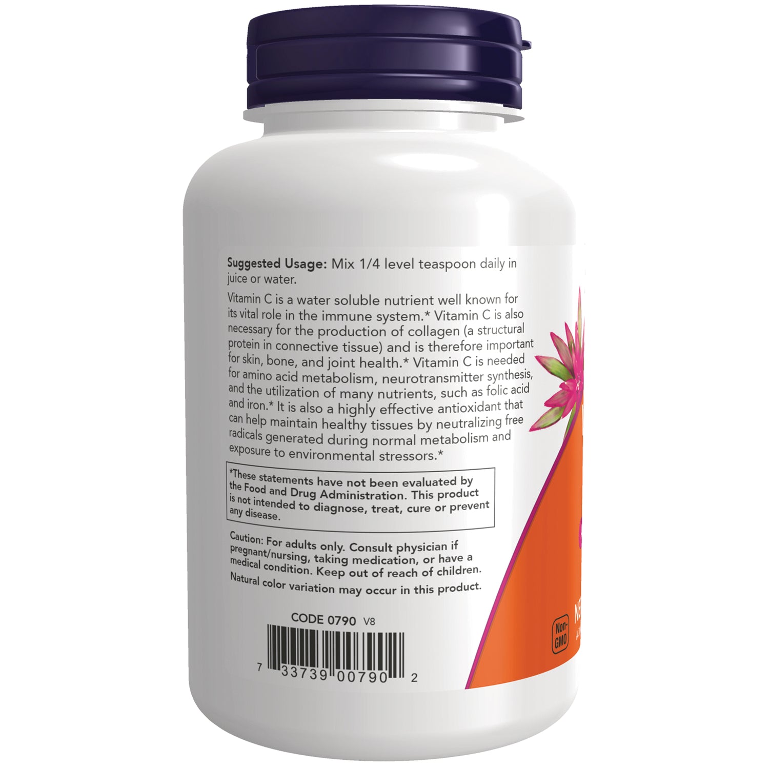 NWF1023 | back label of white supplement bottle showing suggested usage, warning box and barcode