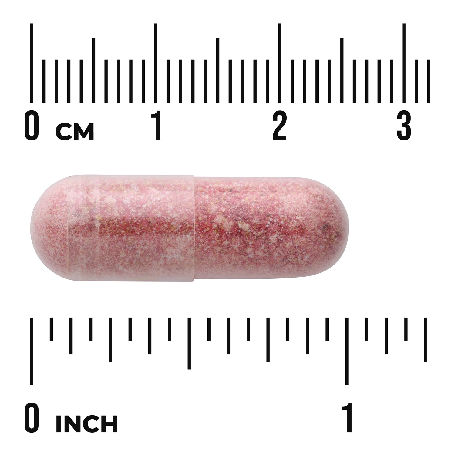SW1107 | Pink capsule shown to scale with cm and inch rulers
