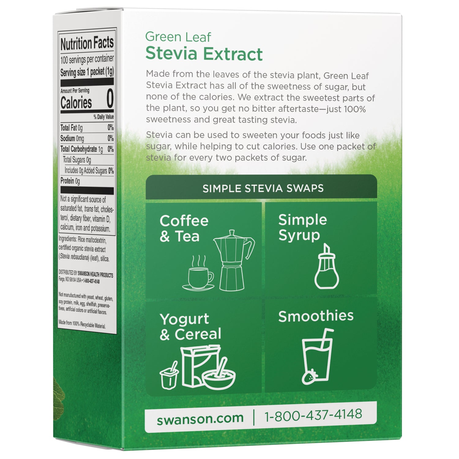 SW916 | White stevia extract sachet labeled Stevia Extract and Blended with Other Ingredients, gray plant illustration
