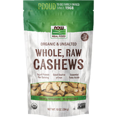NWF1030 | NOW Real Food pouch of organic unsalted whole raw cashews with clear front window