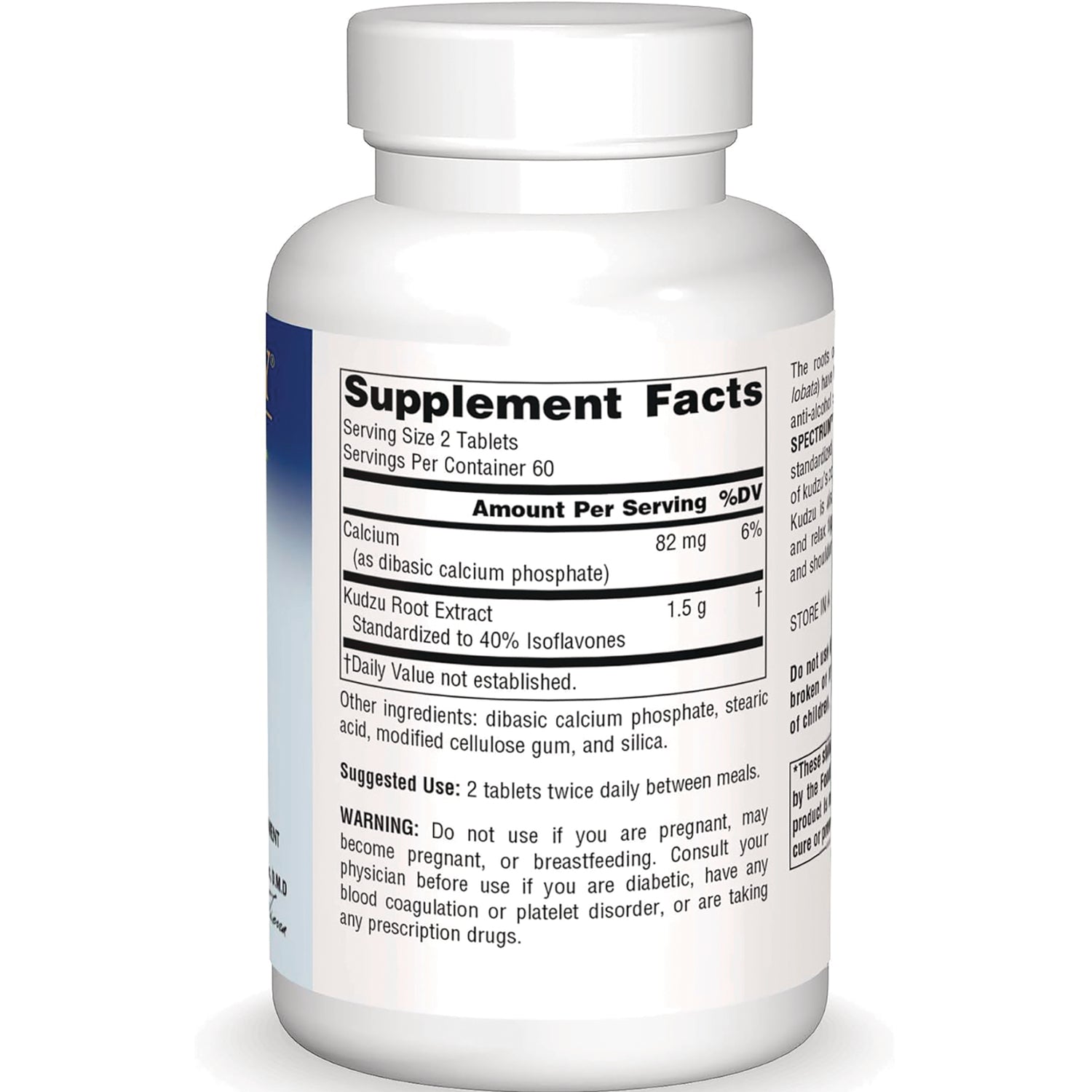 PF208 | Back label showing Supplement Facts panel with calcium 82 mg, kudzu root extract 1.5 g and warning