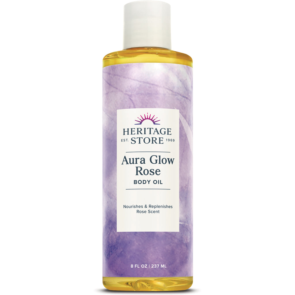 HTG004 | Heritage Store Aura Glow Rose body oil bottle, purple marble label and white cap, 8 fl oz - Thumbnail
