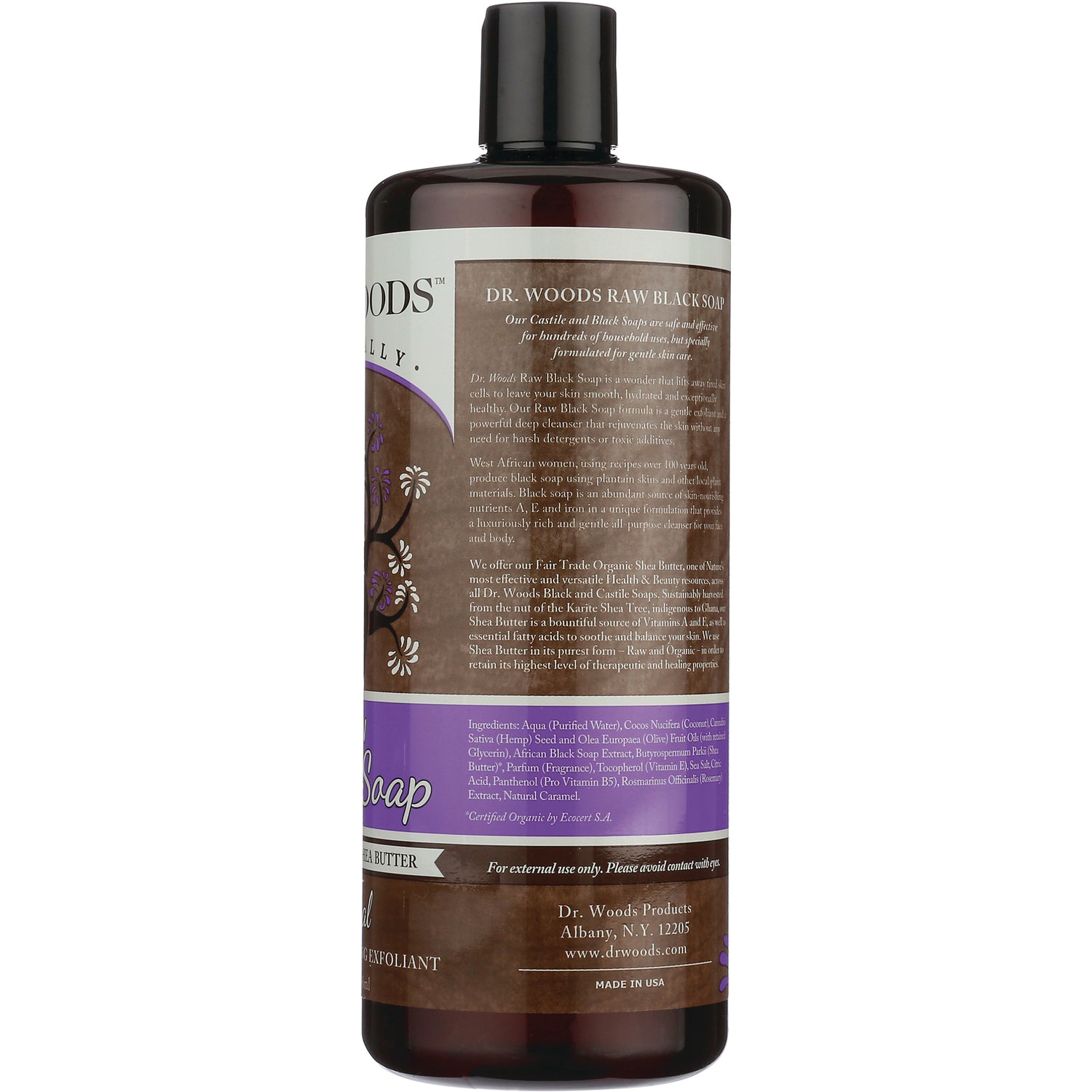 DRW005 | back label of Dr. Woods raw black soap bottle showing ingredients and product information