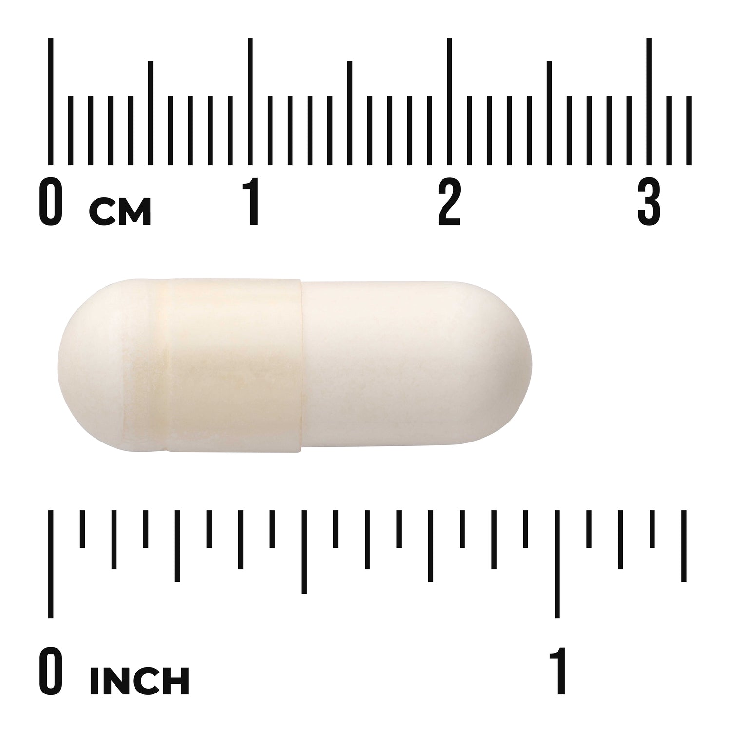 SWU079 | White two-piece capsule on cm and inch rulers showing size, visible text 'CM' and 'INCH'