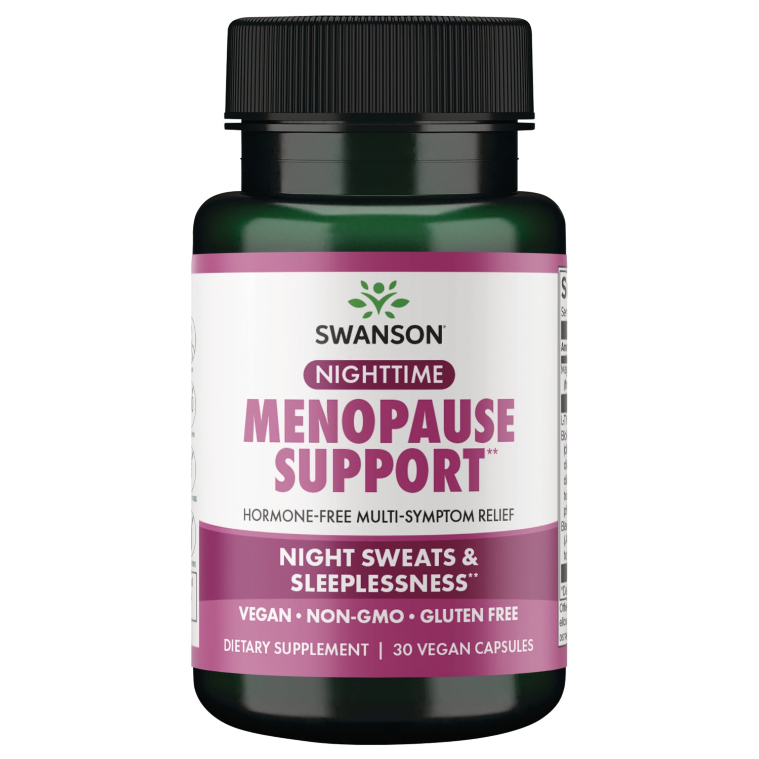 SW1982 | Swanson Nighttime Menopause Support label reading Night Sweats & Sleeplessness with Supplement Facts and barcode