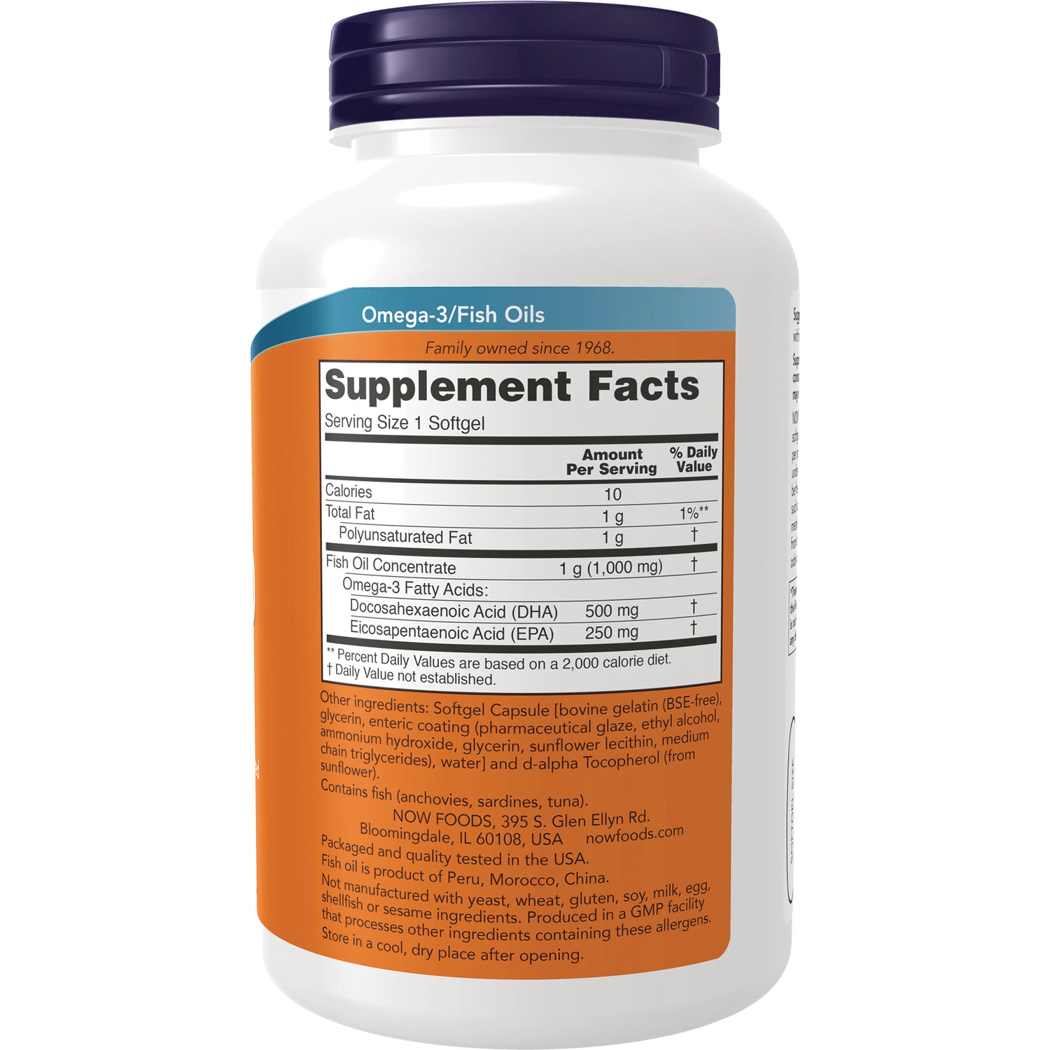 NWF1444 | Back label showing Supplement Facts for omega-3 fish oil, serving size 1 softgel, DHA 500 mg, EPA 250 mg