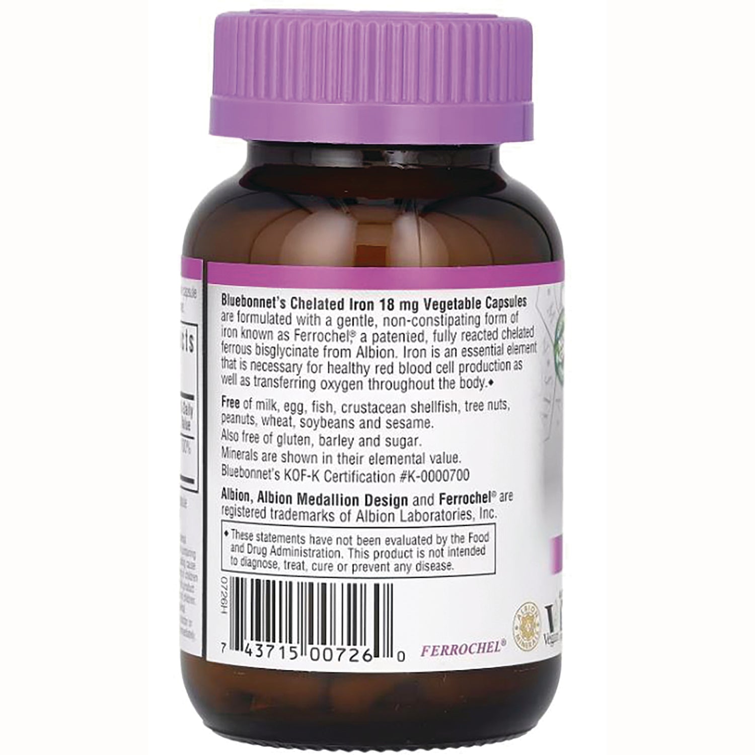 BLU067 | Back of brown supplement bottle with purple cap showing ingredient text, warnings and barcode