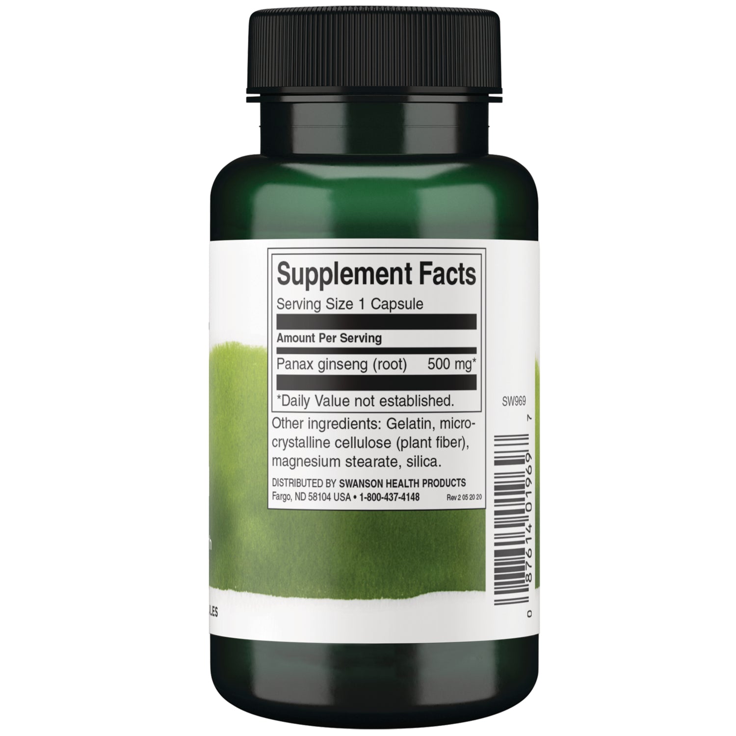 SW969 | Back label with Supplement Facts panel for Panax ginseng root 500 mg capsules with other ingredients
