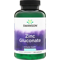 SW206 | Swanson Zinc Gluconate bottle front label, 250 capsules, 50 mg per capsule, Immune Health