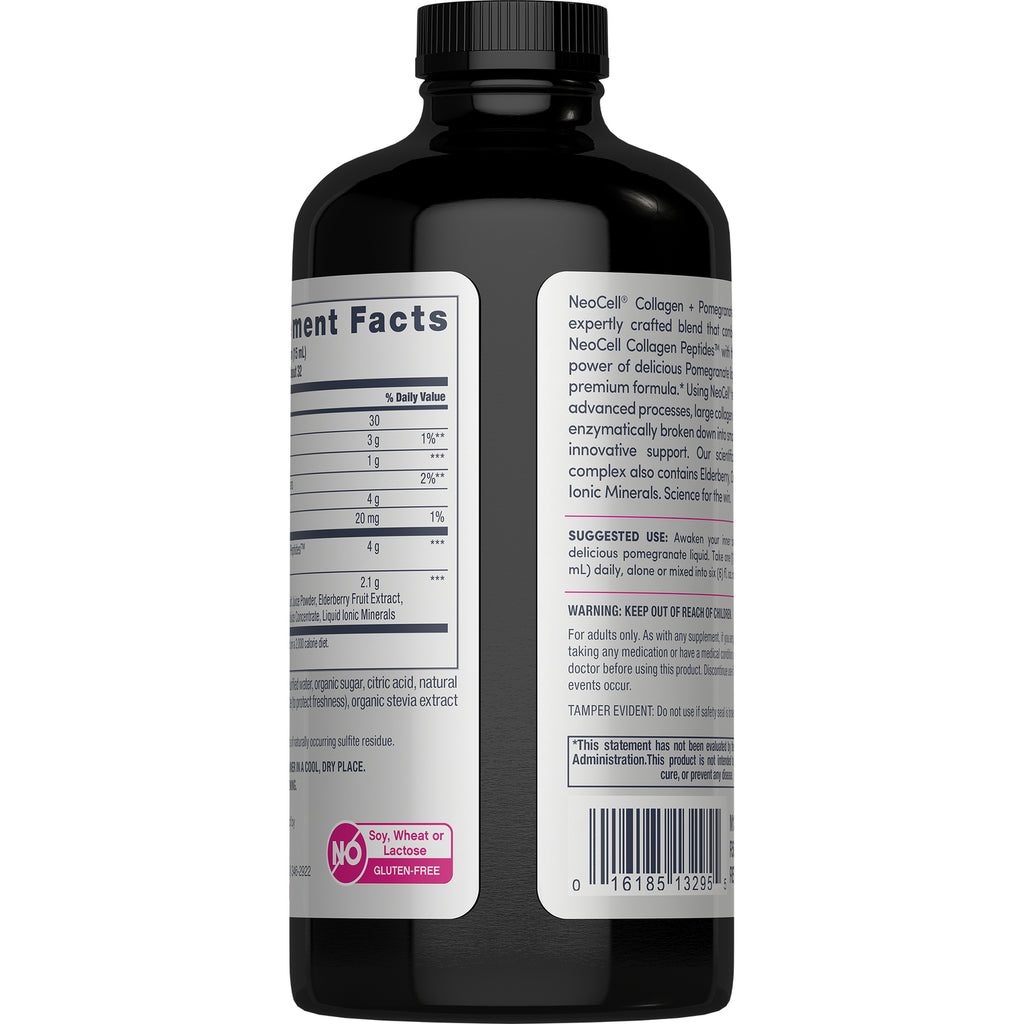 NEC041 | Back label of pink collagen liquid bottle showing suggested use, warnings, barcode and nutrition panel - Thumbnail