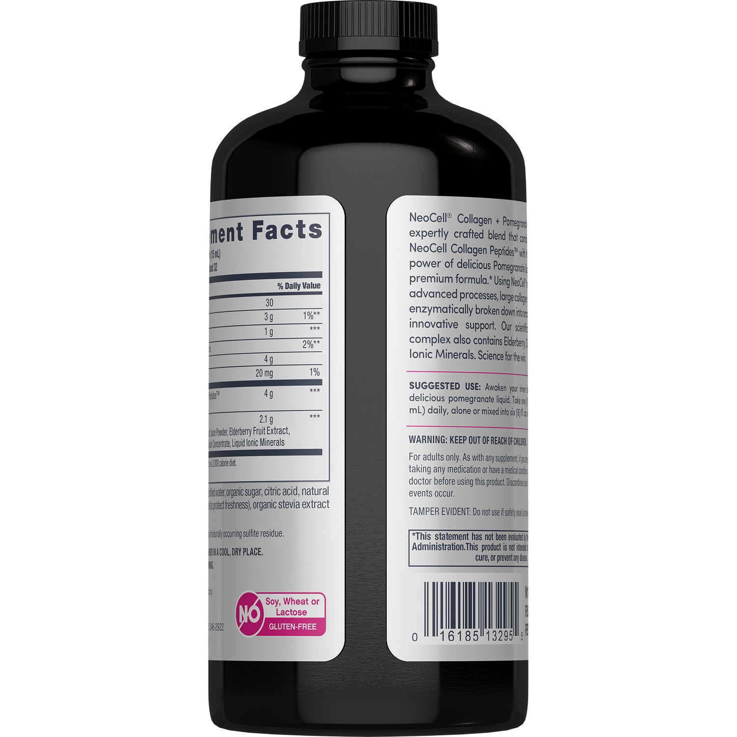 NEC041 | Back label of pink collagen liquid bottle showing suggested use, warnings, barcode and nutrition panel