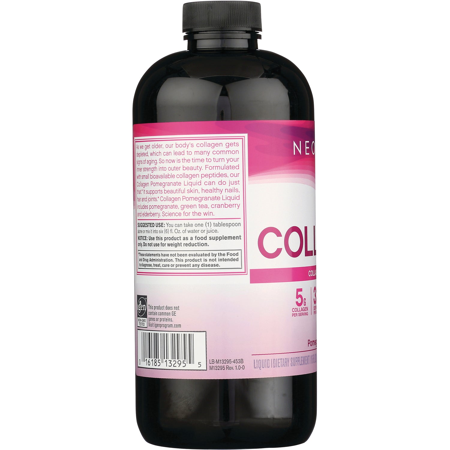 NEC041 | Back label of pink collagen liquid bottle showing suggested use, warnings, barcode and nutrition panel
