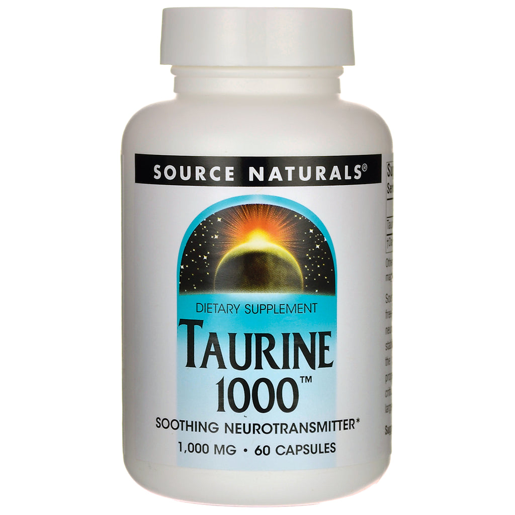 SN934 | Source Naturals Taurine 1000 dietary supplement, soothing neurotransmitter, 1000 mg, 60 capsules bottle front - Thumbnail