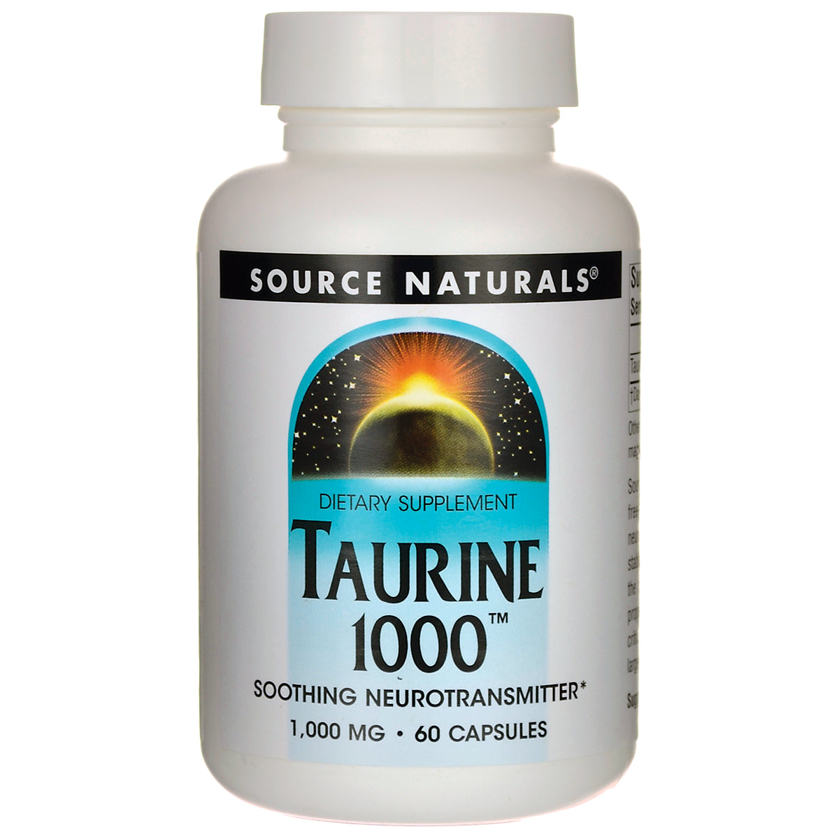 SN934 | Source Naturals Taurine 1000 dietary supplement, soothing neurotransmitter, 1000 mg, 60 capsules bottle front