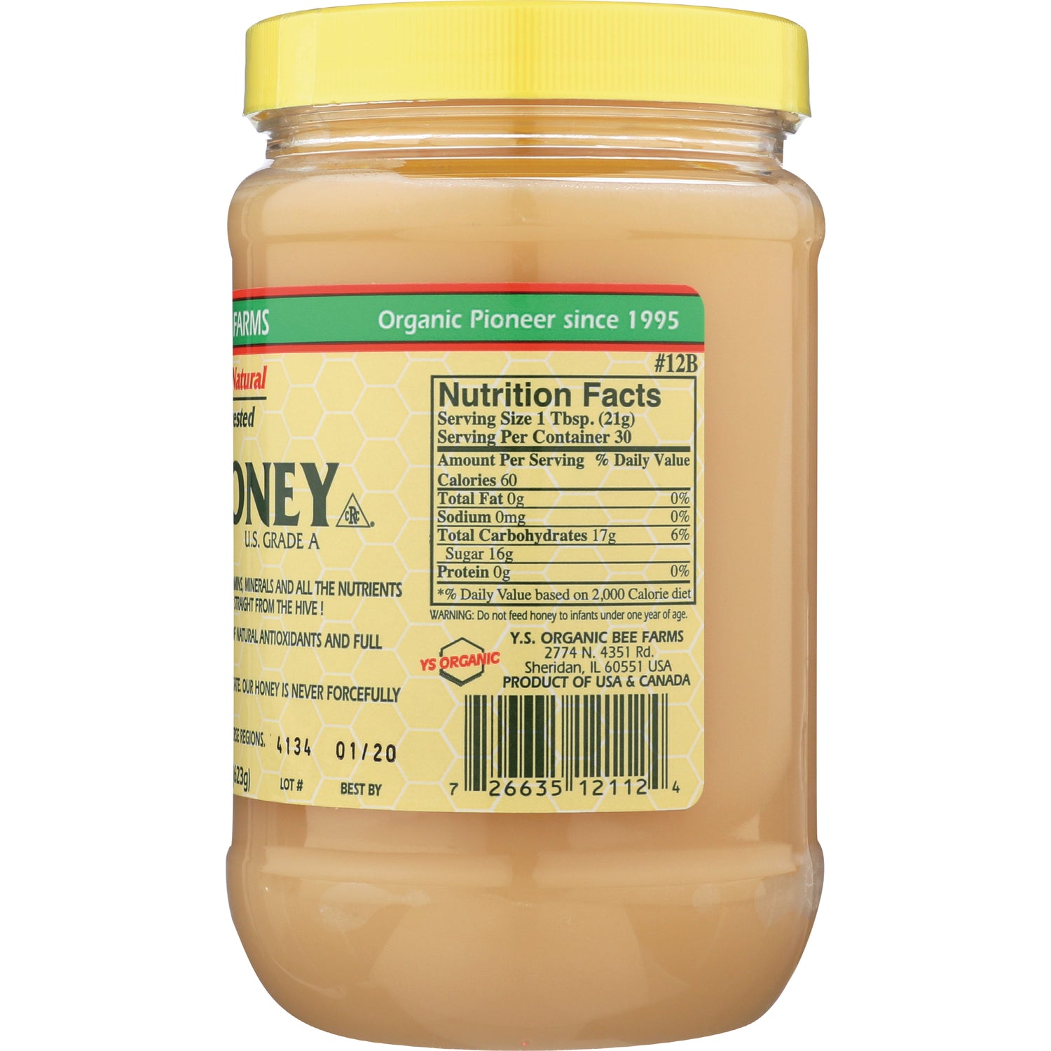 YS014 | Back of honey jar with Nutrition Facts panel, ingredients, and barcode