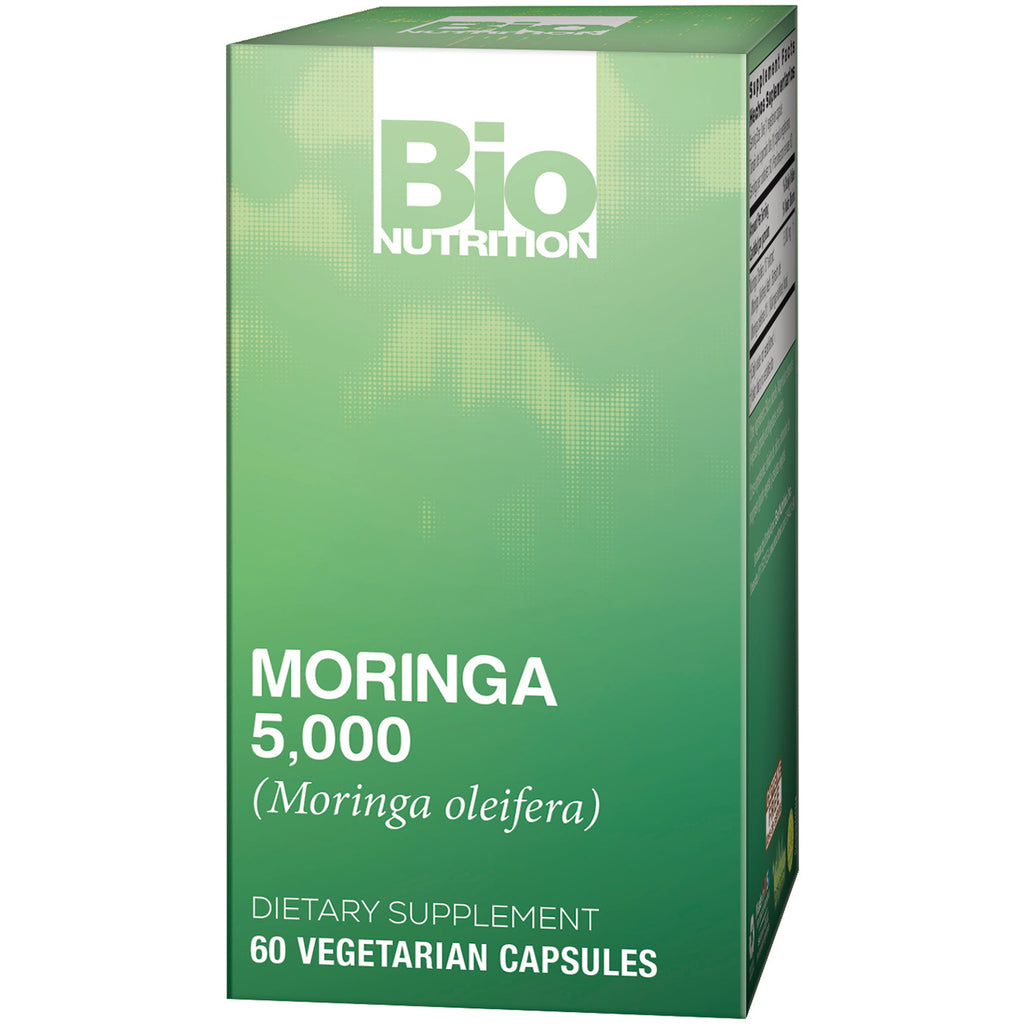 BNN011 | Front of green Bio Nutrition Moringa 5,000 dietary supplement box, 60 vegetarian capsules - Thumbnail