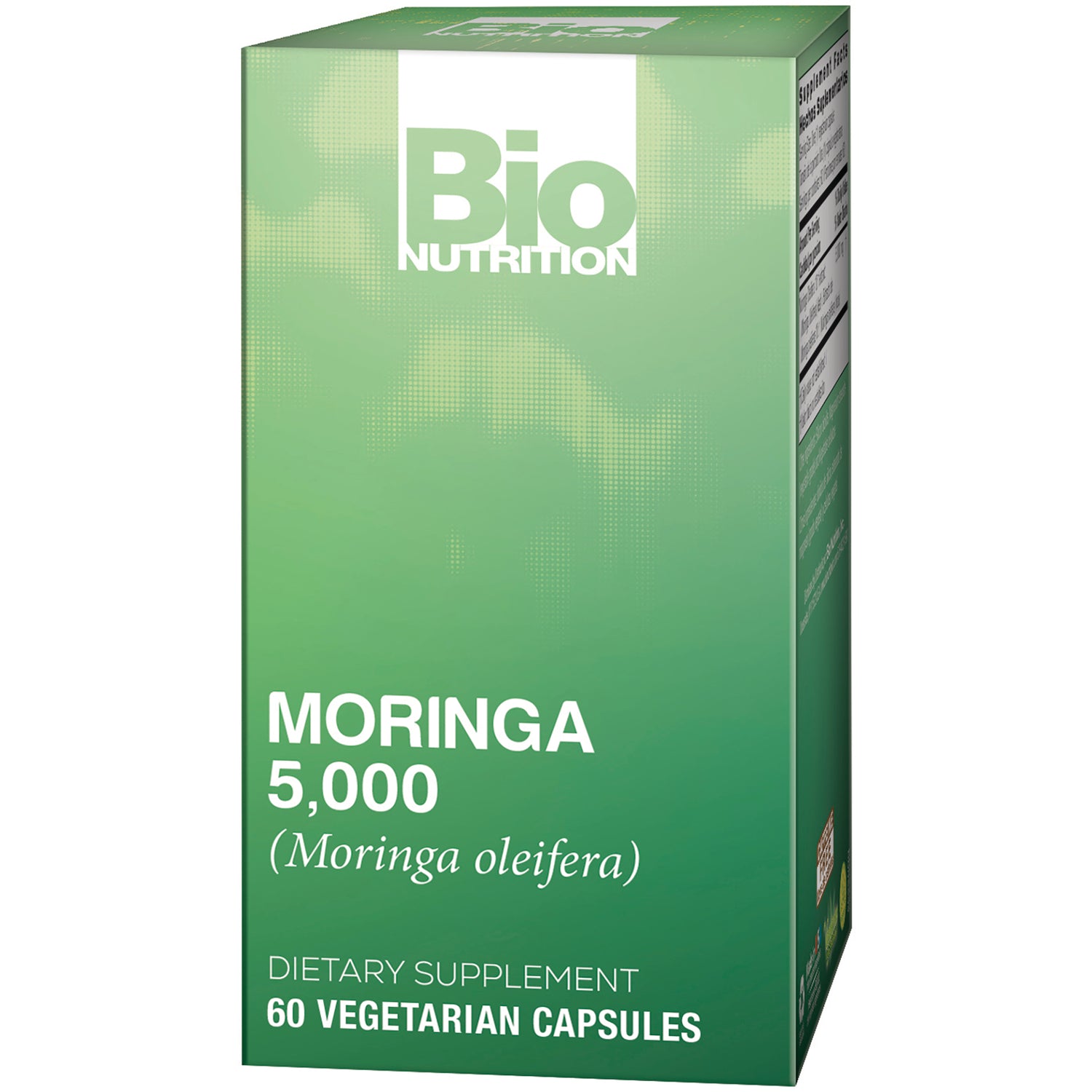 BNN011 | Front of green Bio Nutrition Moringa 5,000 dietary supplement box, 60 vegetarian capsules
