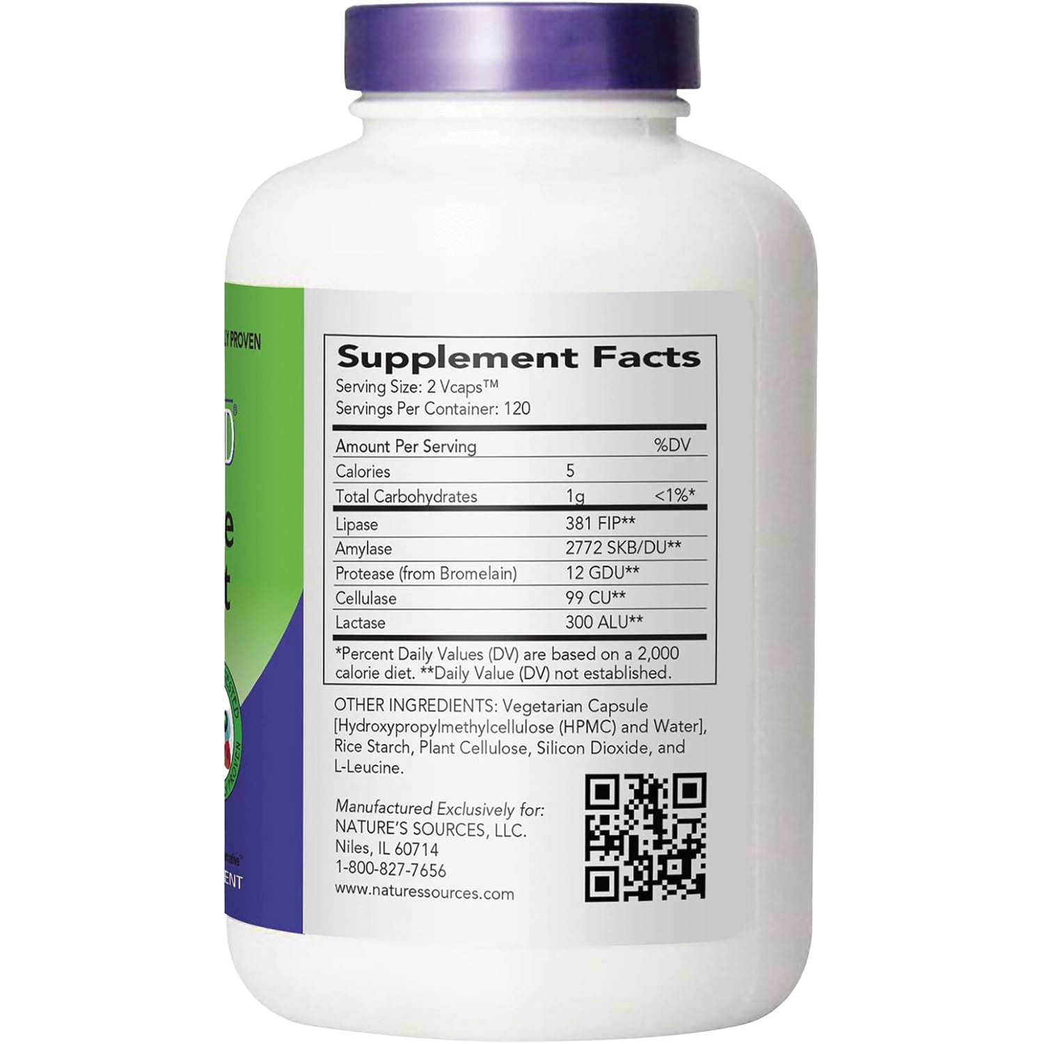 Supplement Facts panel and ingredients list on back of white supplement bottle with QR code