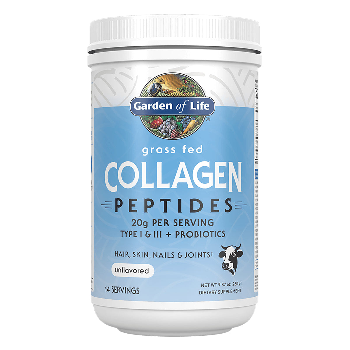GLF279 | Garden of Life grass fed Collagen Peptides tub, unflavored front label, 14 servings