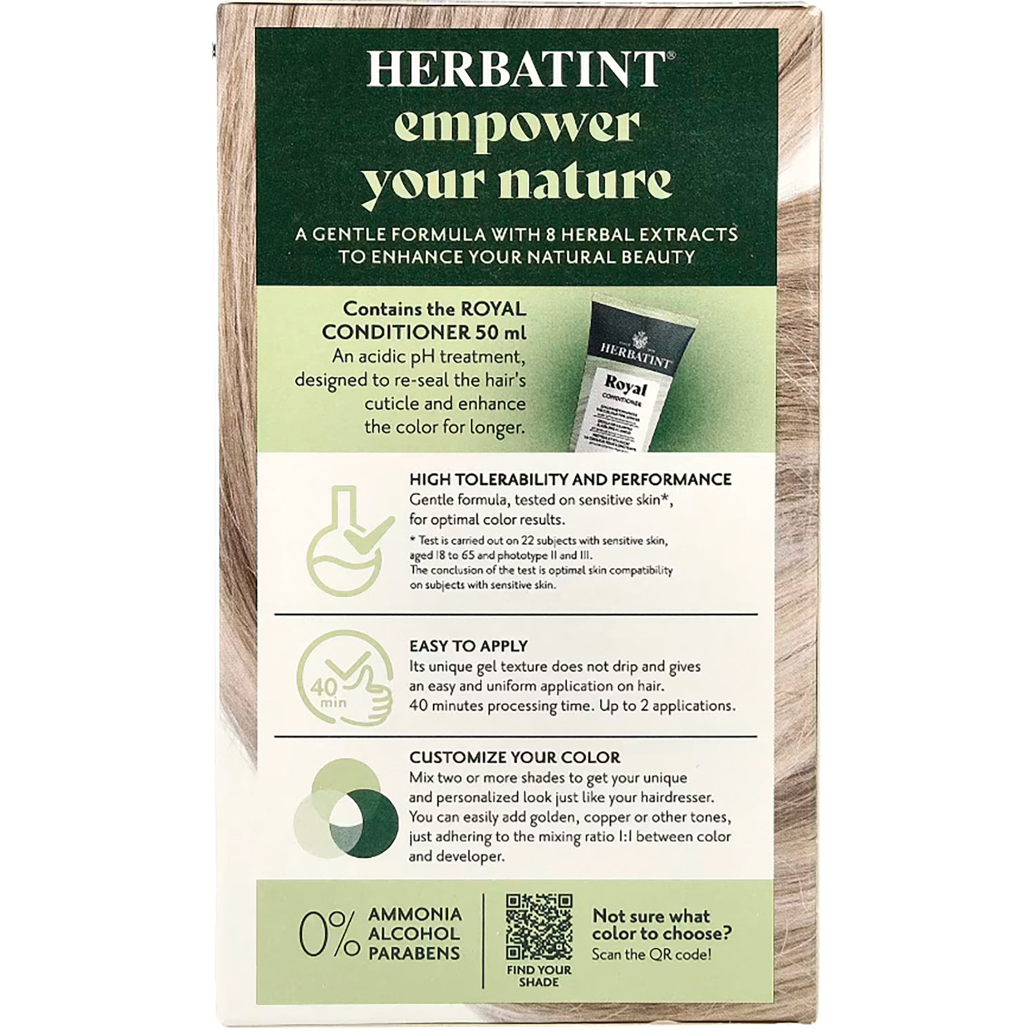 HBT009 | back of hair color box showing caution text, list of contents, and recycling and vegan icons