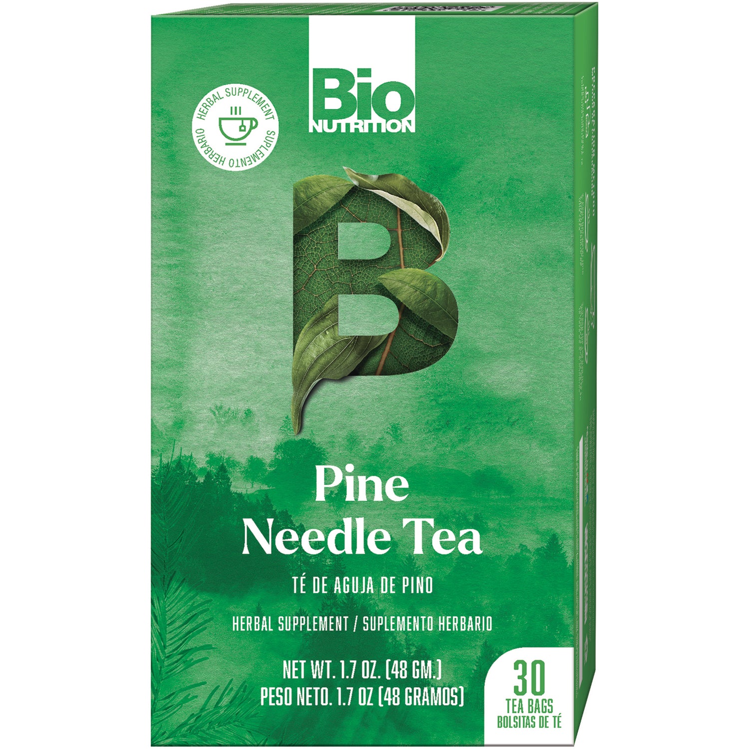 BNN071 | Bio Nutrition Pine Needle Tea box with green front showing brand, product name and 30 tea bags