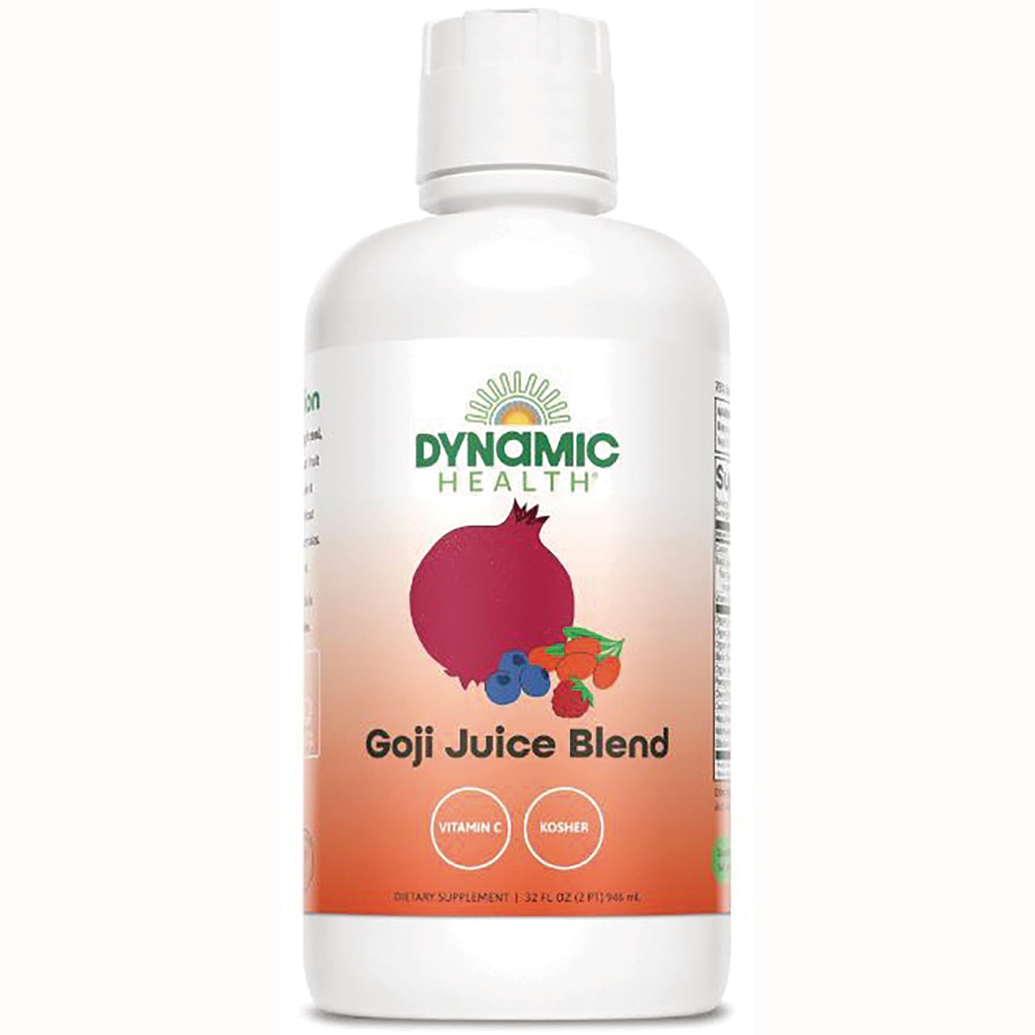 DYH040 | Dynamic Health Goji Juice Blend bottle with pomegranate and berries illustration and vitamin C kosher icons