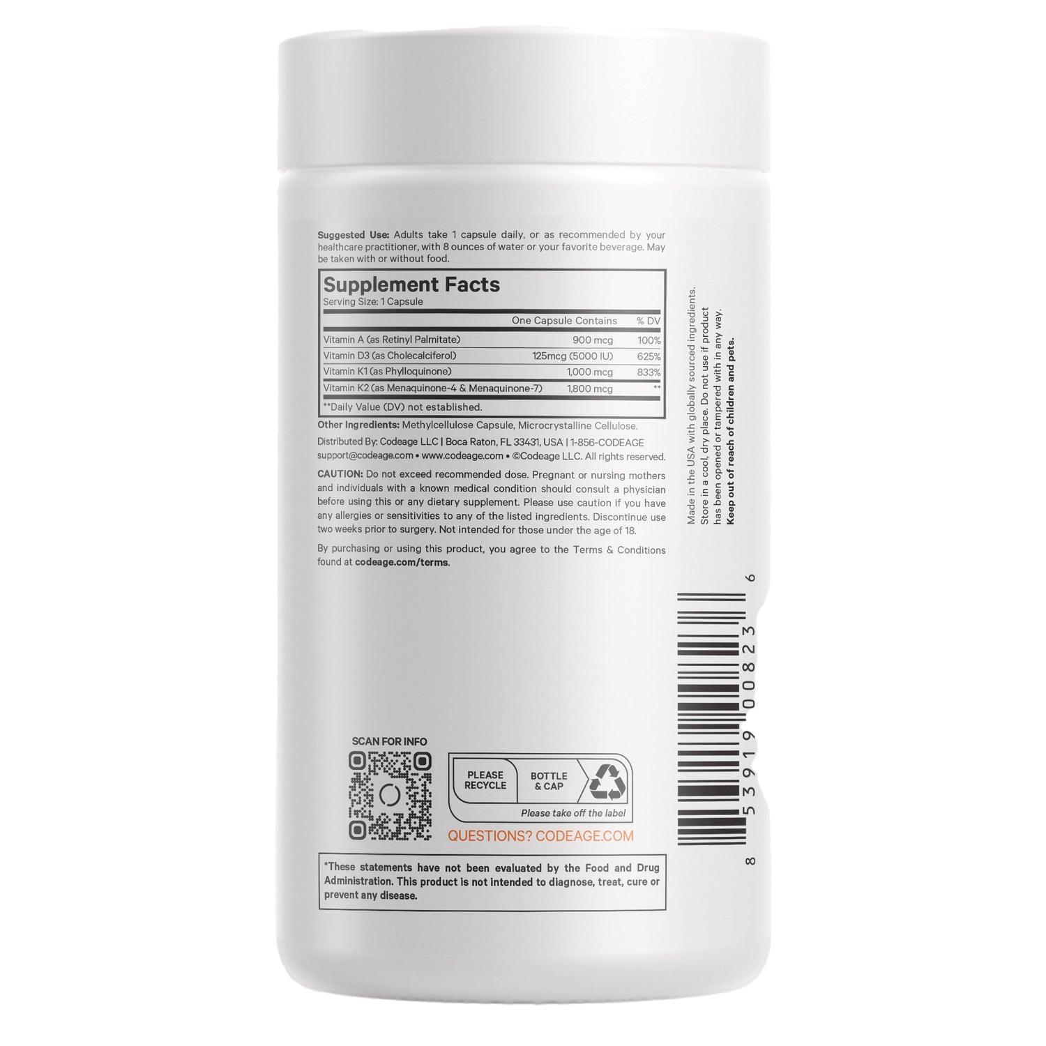 CDG035 | Back label showing Supplement Facts panel, ingredients, barcode and recycle icons on white supplement bottle