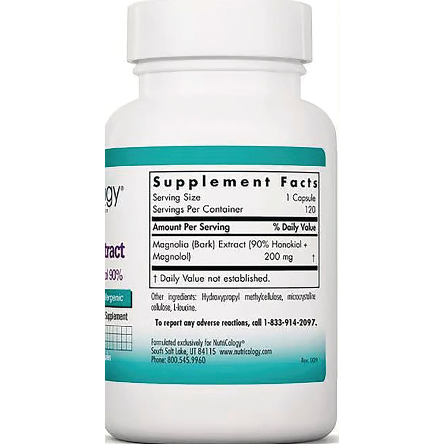 NCL117 | back label showing Supplement Facts panel, Magnolia (Bark) Extract 200 mg, serving size 1 capsule, 120 servings