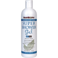 NUB013 | NutriBiotic Super Shower Gel fragrance free white bottle, 12 fl oz, front label