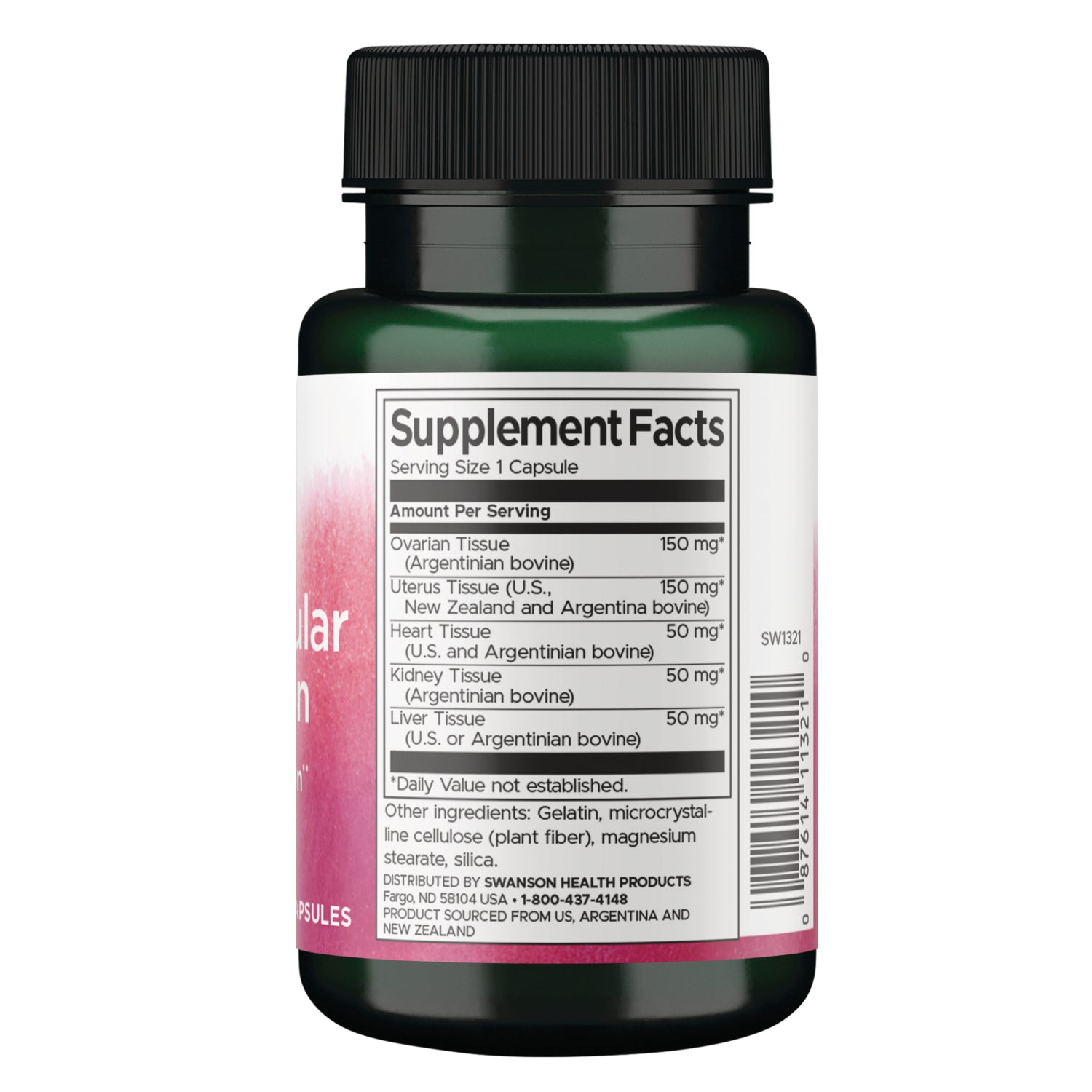 SW1321 | Supplement Facts panel with serving size 1 capsule and tissue ingredients list and amounts
