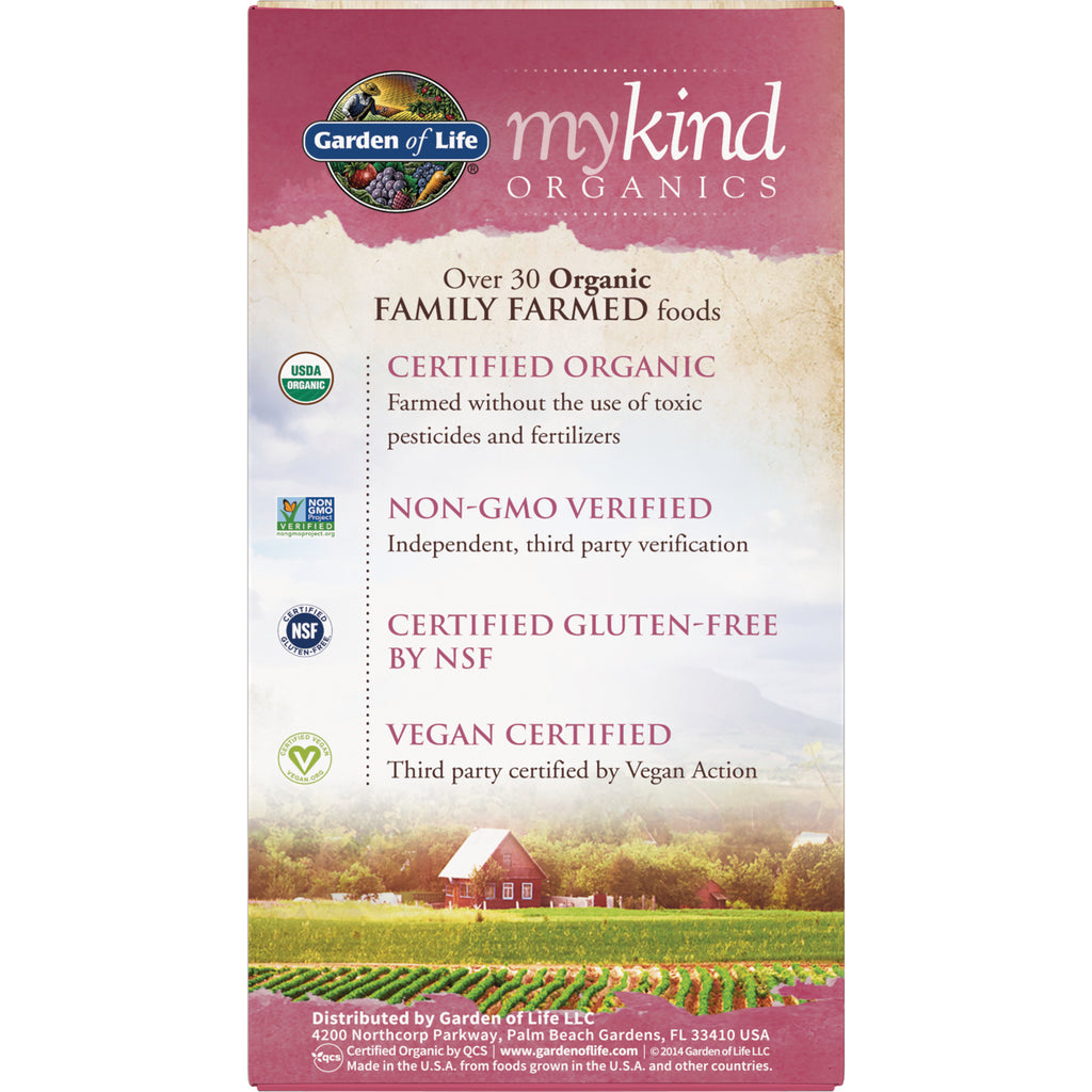 GLF179 | Back of mykind Organics box listing Certified Organic, Non-GMO Verified, Certified Gluten-Free by NSF, Vegan Certified - Thumbnail