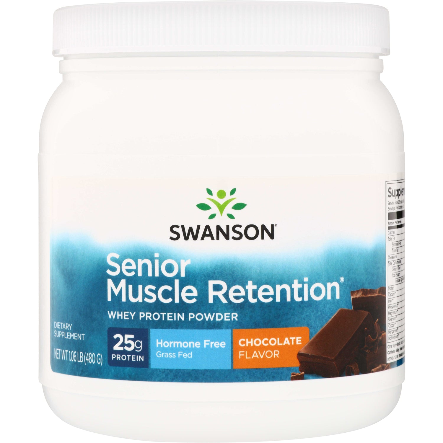 SWU1015 | Swanson Senior Muscle Retention whey protein powder, chocolate flavor, 25g protein