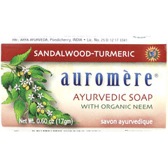 AUR028 | Auromre Ayurvedic soap box labeled Sandalwood-Turmeric with organic neem, net wt 0.60 oz (17 g)