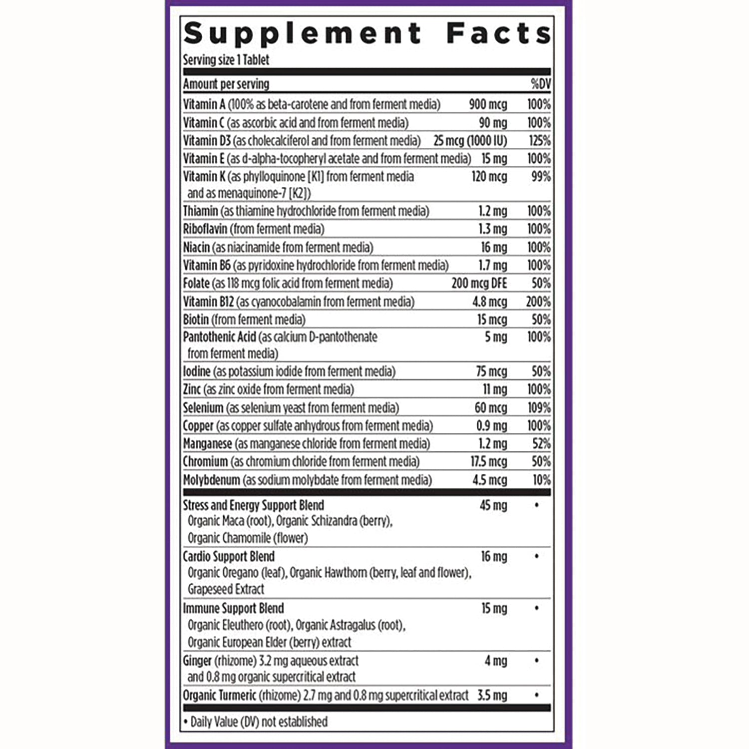 NWC138 | Supplement Facts back label showing serving size 1 tablet, nutrient amounts, and ingredient blends