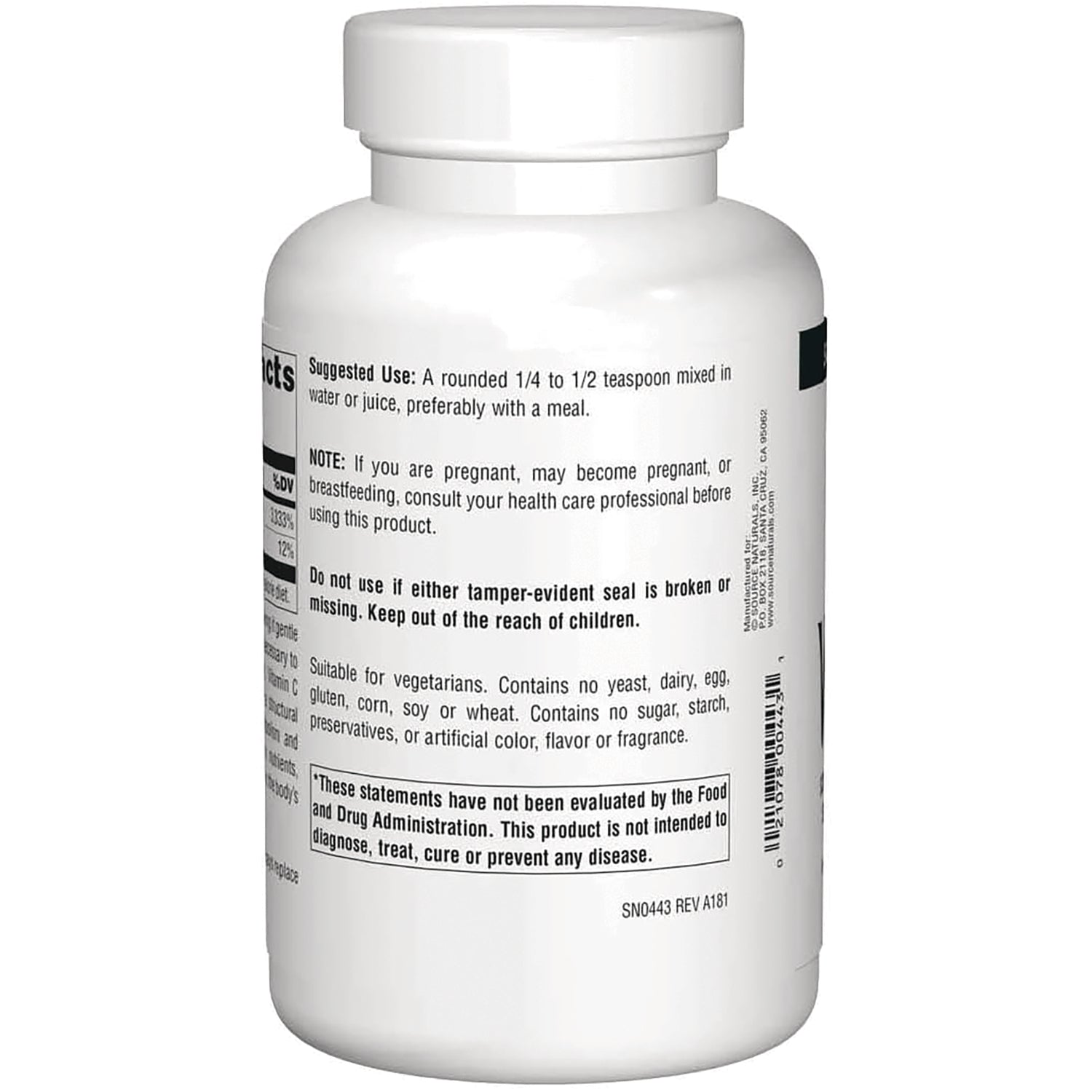 SN670 | Supplement bottle back label with suggested use, warnings, and FDA disclaimer text