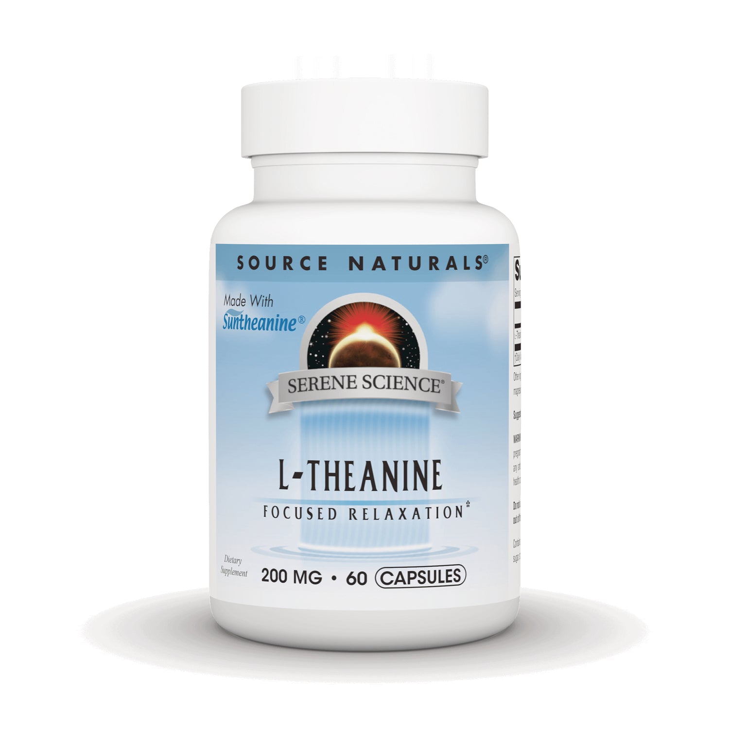 SN974 | Source Naturals L-Theanine 200 mg, 60 capsules bottle, Serene Science, made with Suntheanine