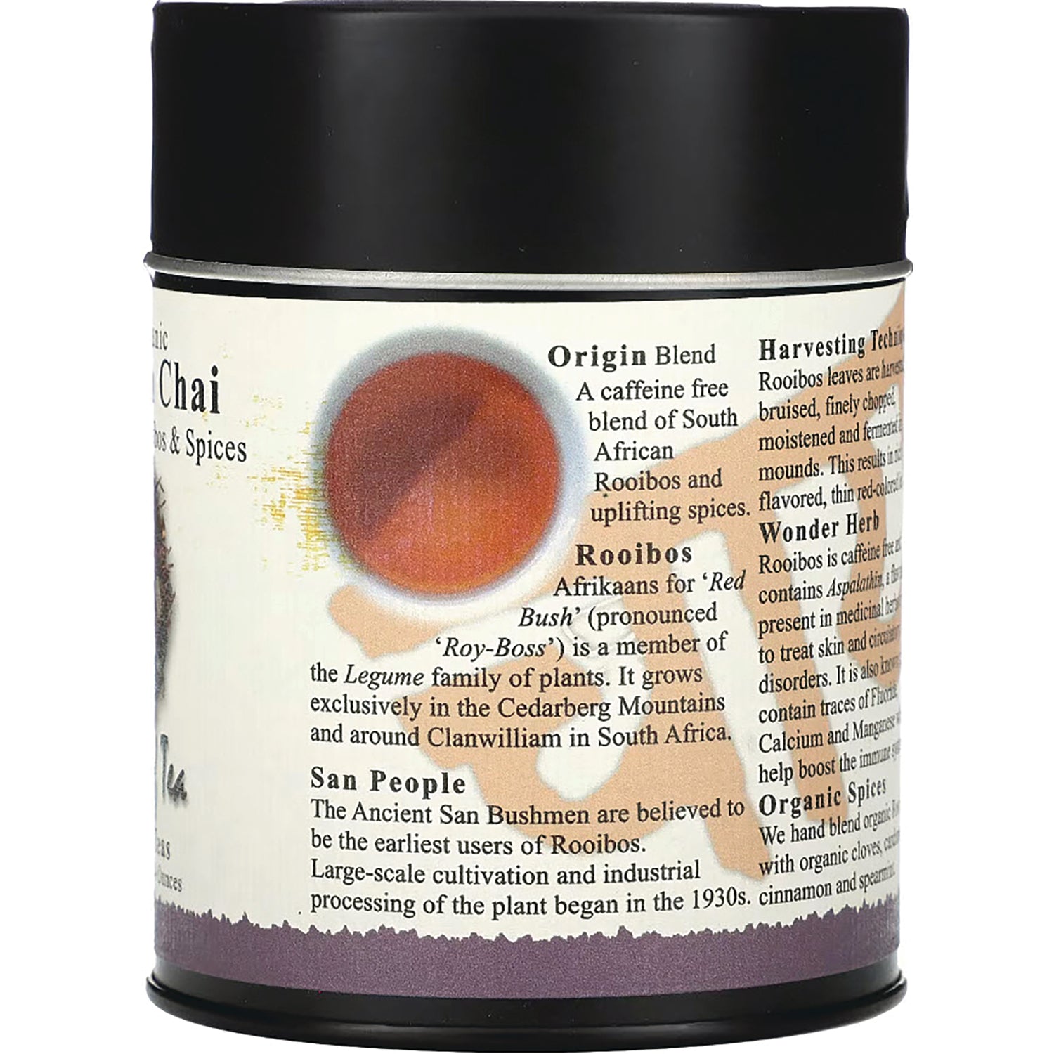 TOT005 | Rooibos chai tin side panel with origin, rooibos, and organic spices information